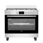 Beko Gas Cooker, 90 cm, 5 Burners, Fan, Digital Display, Cast Iron Holders, Stainless Steel - Black , BGGR 11225 GXA